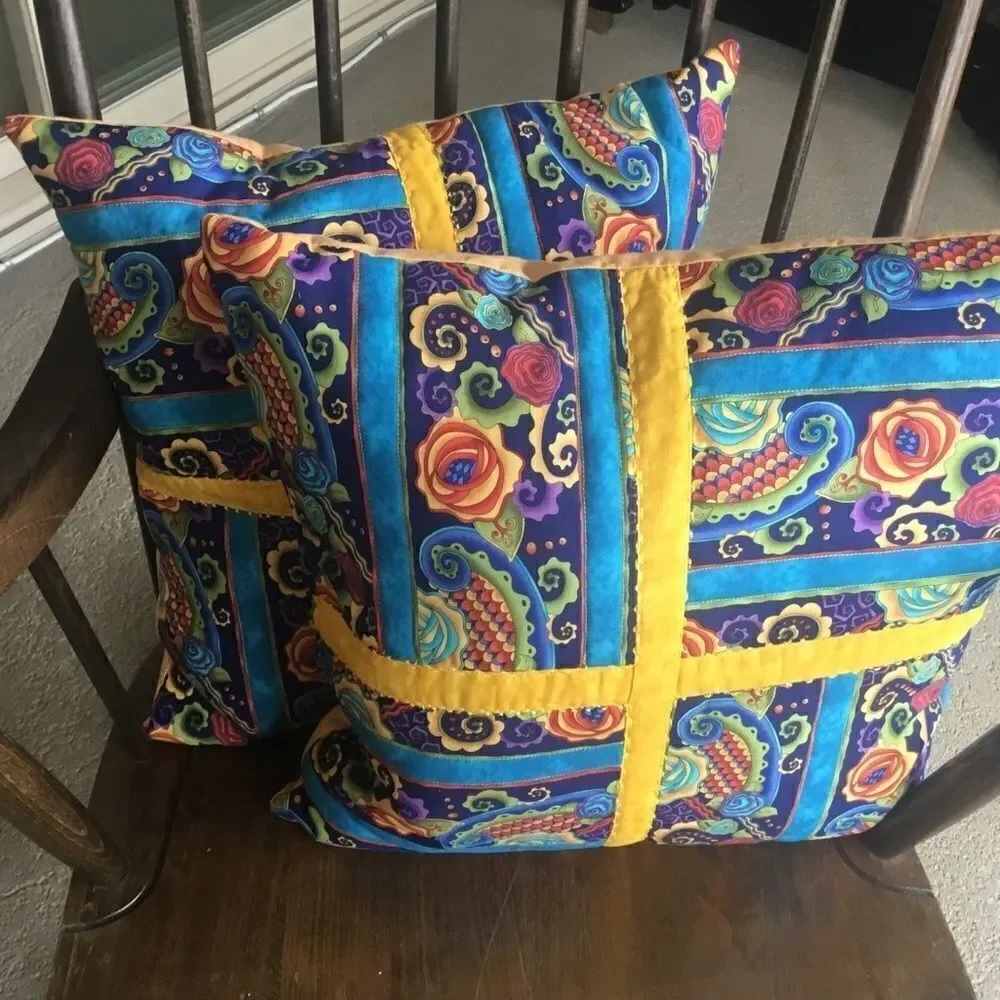 CLOSEOUT SALE $23. NWT Hand Crafted, Quilted Set 2 Turquoise, Red Yellow Print